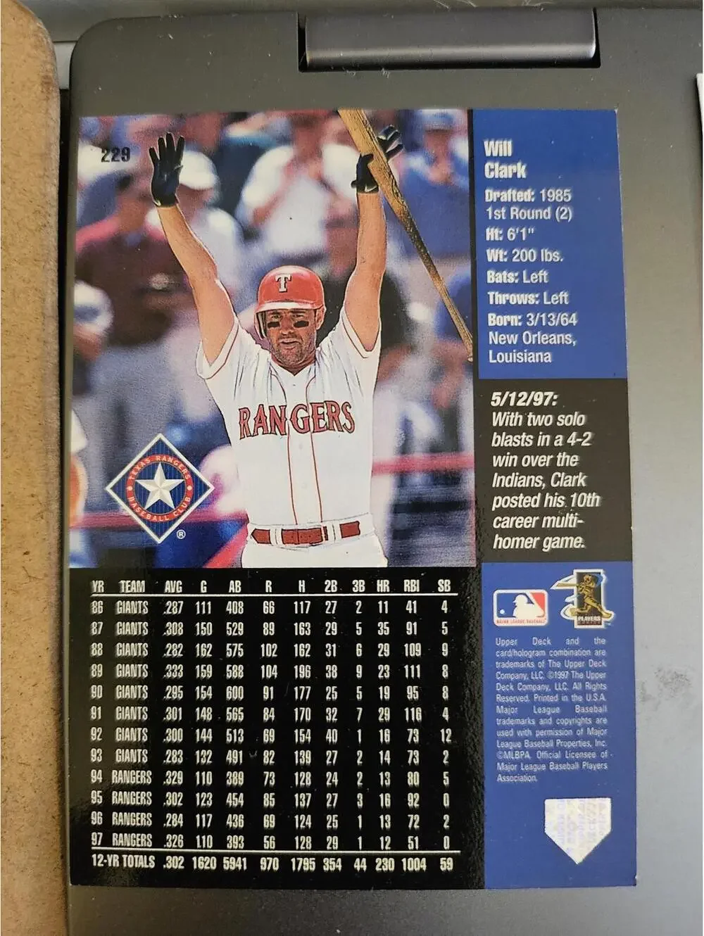 Will Clark 1998 Upper Deck #229 Baseball Card - Rangers